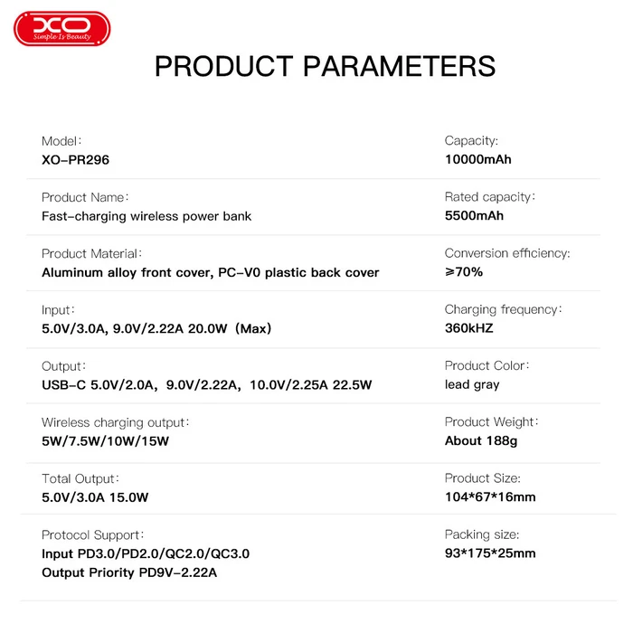 XO Powerbank Ταχείας Φόρτισης Μεταλλικό με Μαγνήτη 10000mAh Γκρι PR296