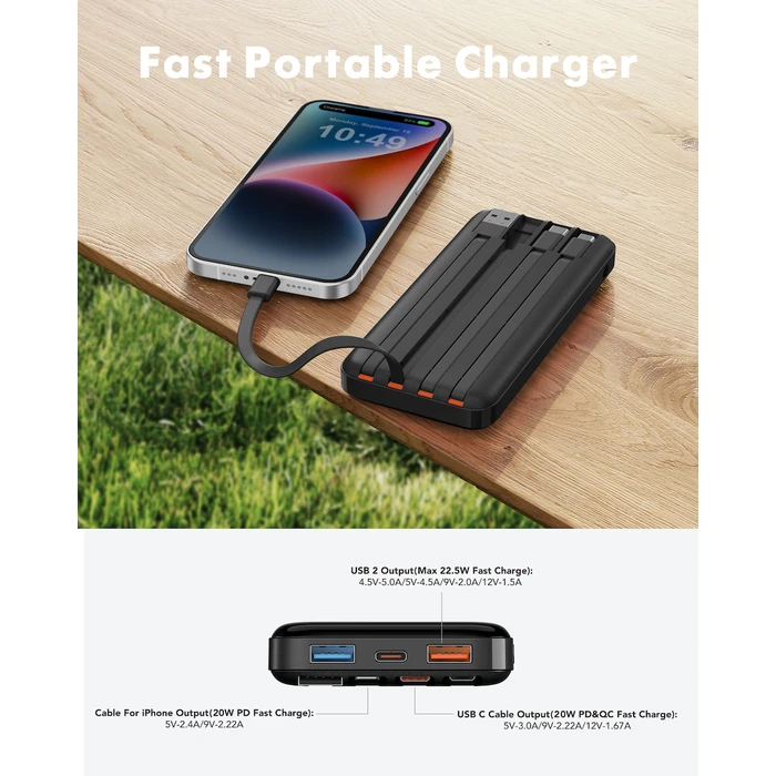 Charmast W2065 Power Bank 20000mAh 20W με 2 Θύρες USB-A και Θύρα USB-C Quick Charge Μαύρο