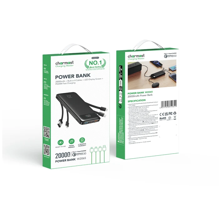 Charmast W2065 Power Bank 20000mAh 20W με 2 Θύρες USB-A και Θύρα USB-C Quick Charge Μαύρο