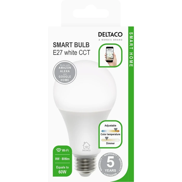 Deltaco Smart LED Bulb 9W E27 Adjustable White 806 lm Dimmable SH-LE27CCTC