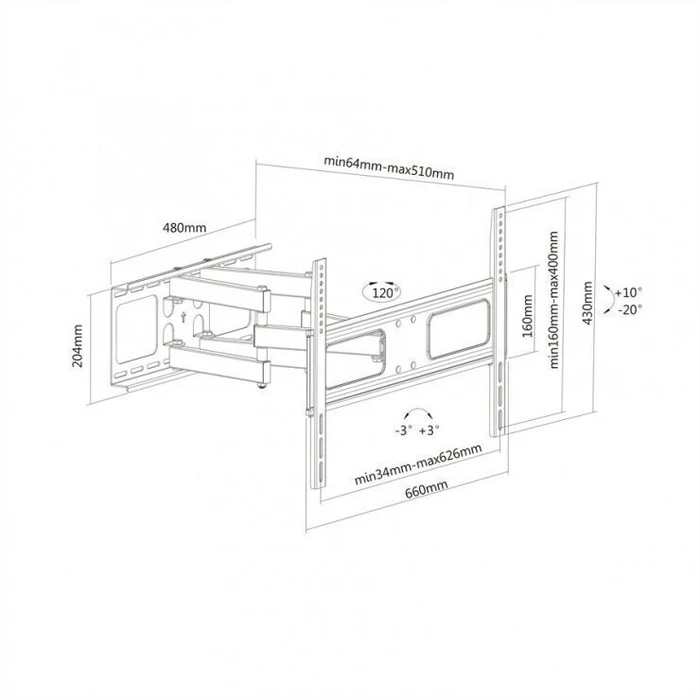 Solid Articulating Wall Mount TV Holder up to 70" 50kg VESA 600x400