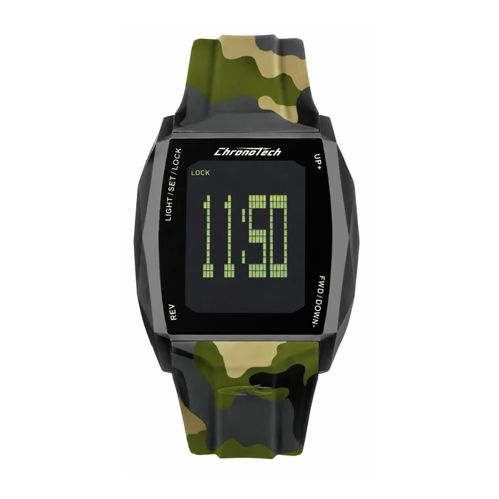 Chronotech Men's Digital Quartz Watch RW0022 - 35mm Black Dial, Green Silicone Strap