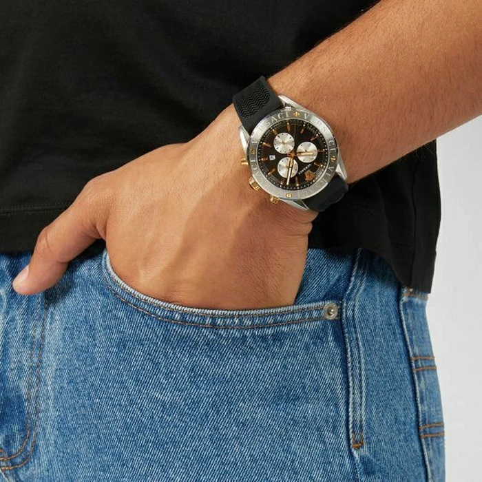 Versace Men's Analog Quartz Chronograph Watch VEHB00119 — 44 mm, Black Dial, Black Silicone Strap