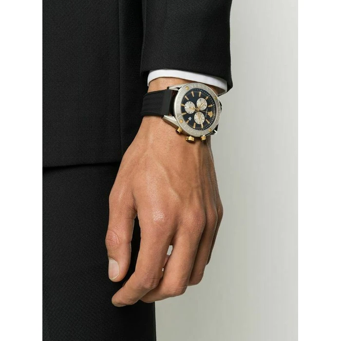 Versace Men's Analog Quartz Chronograph Watch VEHB00119 — 44 mm, Black Dial, Black Silicone Strap