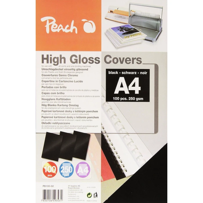 Peach A4 High-Gloss Black Laminating / Binder Covers, 80 µm PET, 100 pcs (PB100-02)