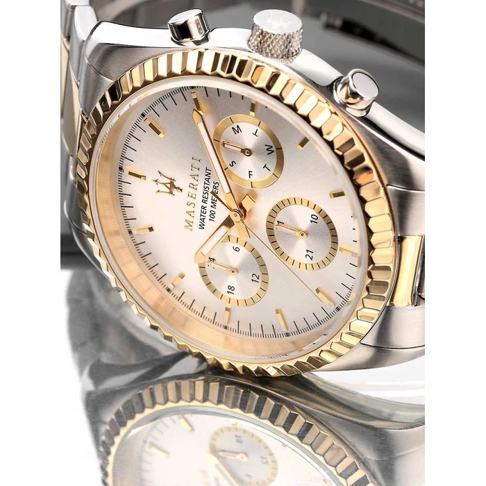 Maserati Ανδρικό Ρολόι 43mm Χρονογράφος Μπαταρίας με Χρυσό Μεταλλικό Μπρασελέ R8853100021