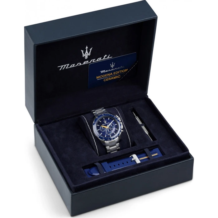 Maserati Ανδρικό Ρολόι 45mm Χρονογράφος R8871612039 Ασημί Μεταλλικό Μπρασελέ Μπλε Καντράν