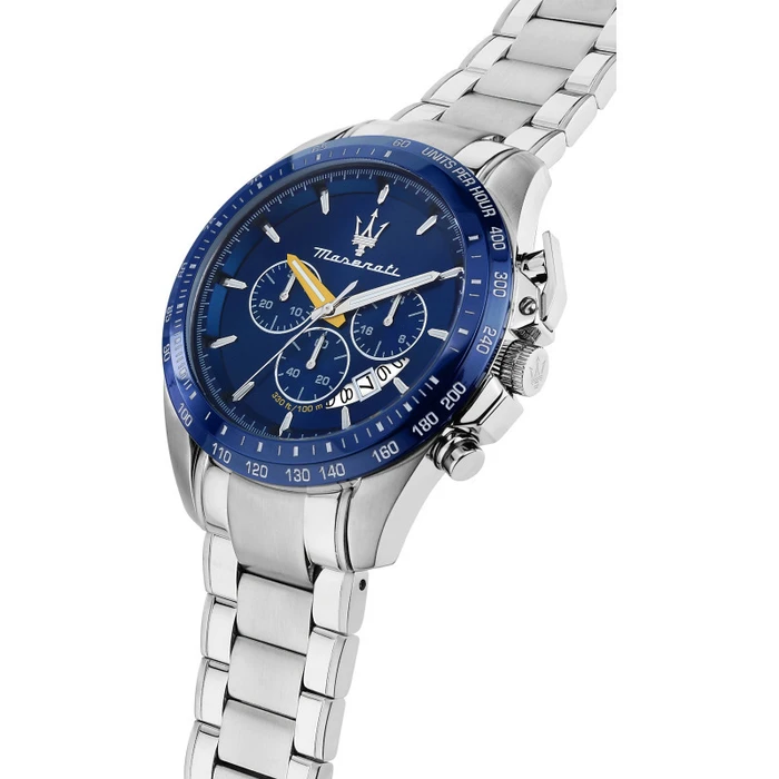 Maserati Ανδρικό Ρολόι 45mm Χρονογράφος R8871612039 Ασημί Μεταλλικό Μπρασελέ Μπλε Καντράν