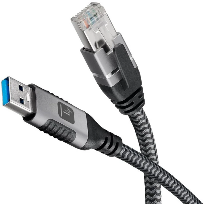 Techly Icoc U3a-rj45-010 USB 3.0 (USB-A Male to RJ45 Male) Cable 1 m - Cat6 Gigabit, Silver/Black