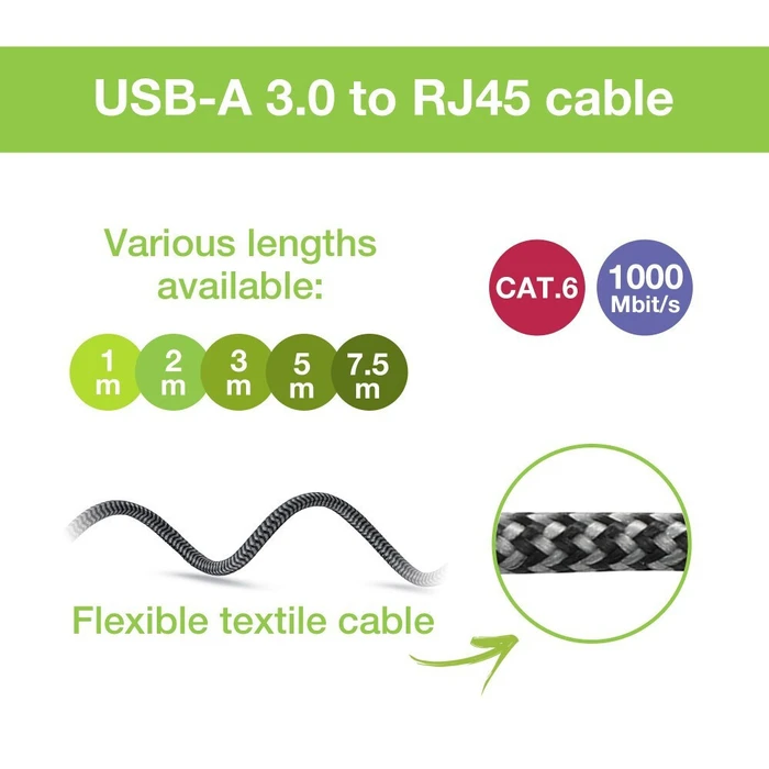 Techly Icoc U3a-rj45-010 USB 3.0 (USB-A Male to RJ45 Male) Cable 1 m - Cat6 Gigabit, Silver/Black