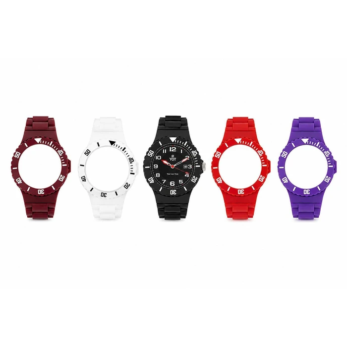 YOT Unisex Analog Quartz Watch CP30119‑SP13 — 41.5 mm, Transparent Plastic Case, Black Dial, Multicolored Rubber Straps (5 interchangeable)