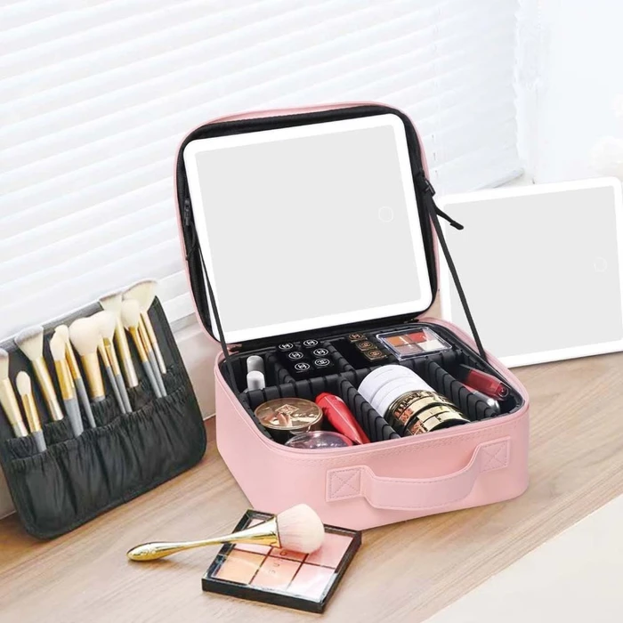 JOCCA Makeup Briefcase with Rechargeable LED Mirror Pink