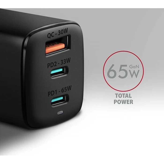 Φορτιστής τοίχου Axagon ACU-DPQ65 65W (GaN) - 3 θύρες (2x USB-C PD, 1x USB-A)