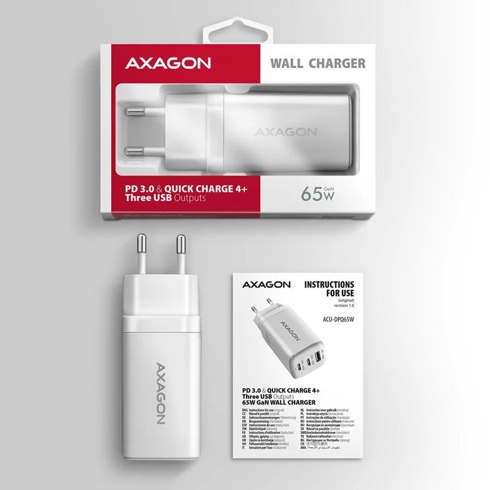 Φορτιστής τοίχου Axagon ACU-DPQ65 65W (GaN) - 3 θύρες (2x USB-C PD, 1x USB-A)