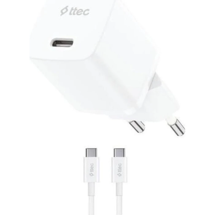 TTEC Φορτιστής Ταξιδίου SmartCharger GaN 30W PD με Καλώδιο USB C σε USB C 60W Λευκό
