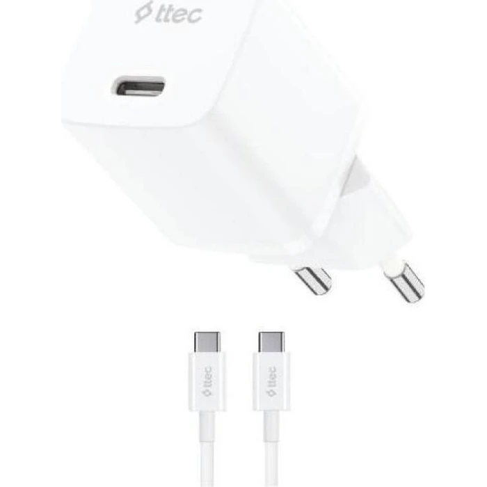 TTEC SmartCharger GaN 20W PD Ταξιδιωτικός Φορτιστής με Καλώδιο USB C σε USB C 60W Λευκό