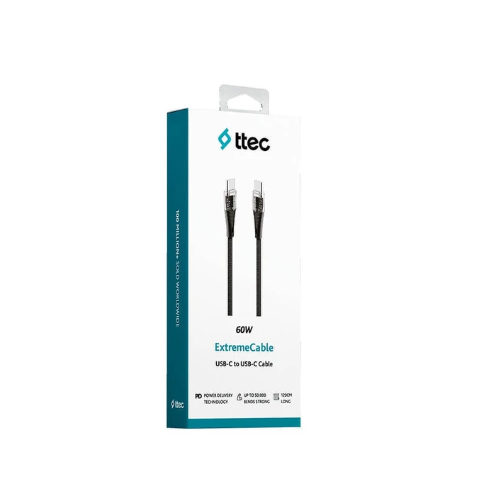 TTEC Cable AlumiCable Transparan Type C to Type C 60W Fast Charge Cable Black 120cm