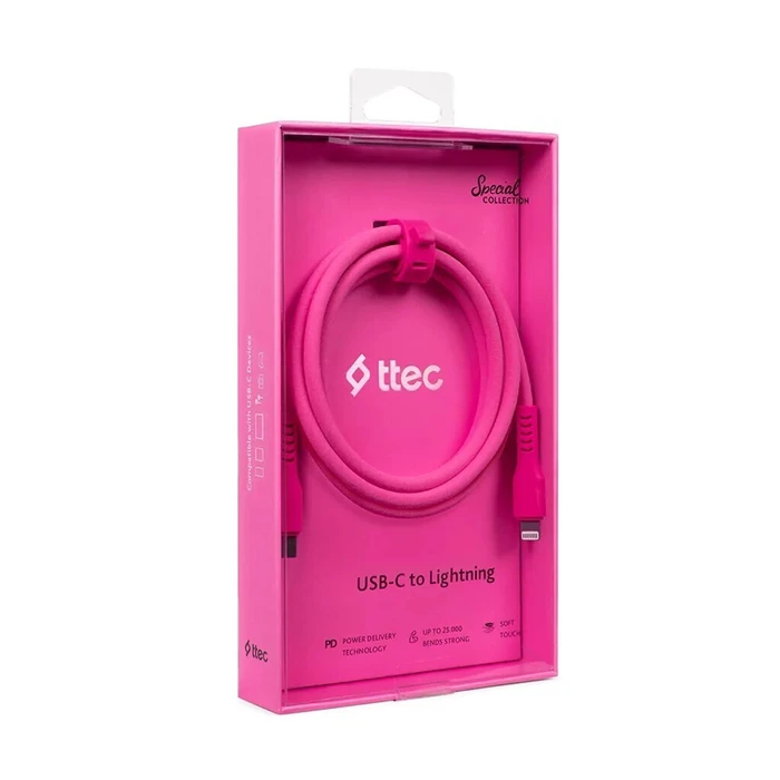 TTEC USB C to Lightning Cable Neon Pink 120cm