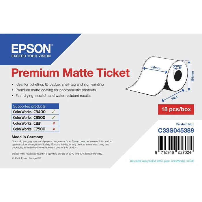 Epson Premium Matte Ταινία Ετικετογράφου 50m x 80mm Λευκή C33S045389