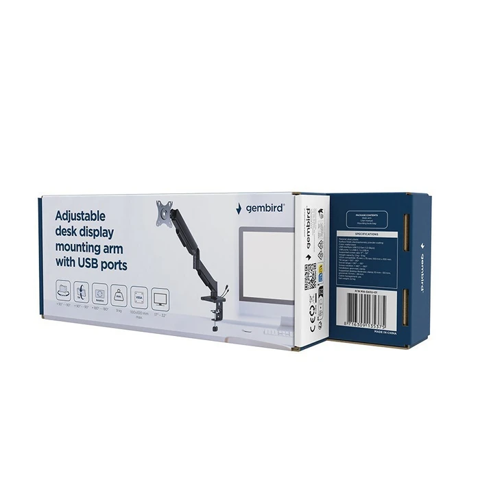 Gembird Adjustable Desk Display Mounting Arm with USB Ports 17 to 32 inches Black