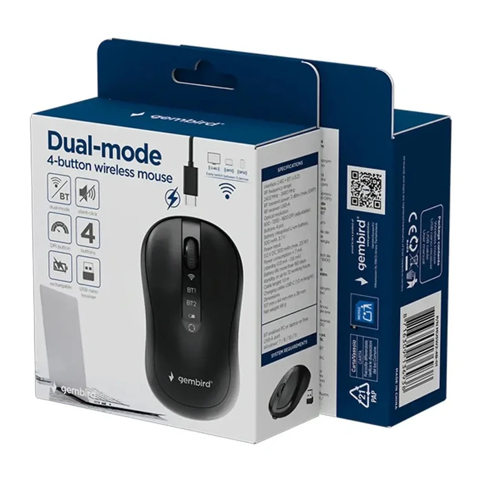 Gembird MUSW2-4B-01 Wireless Optical Mouse (Black, 1600 DPI, RF 2.4GHz + Bluetooth 5.2)
