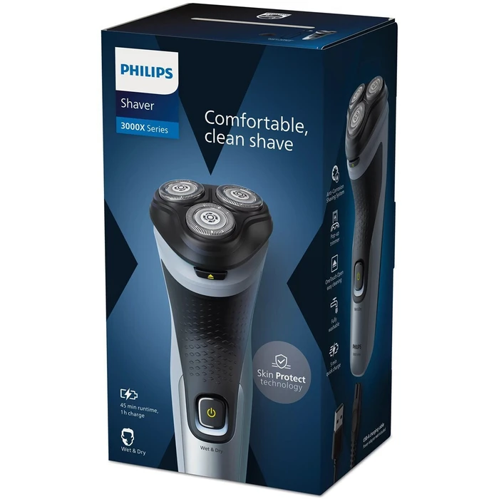 Ξυριστική μηχανή Philips X3063/00 — Μαύρο/Μπλε, Υγρή & Στεγνή, 3 κεφαλές, 45 λεπτά