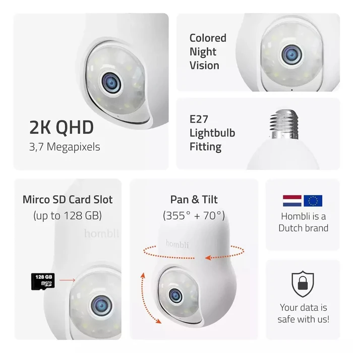 Hombli IP Κάμερα Λάμπα E27 Wi-Fi 3.7MP (Κρυφή Κάμερα Παρακολούθησης)