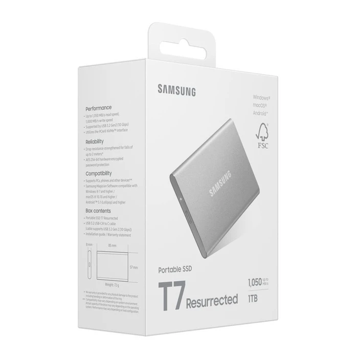 Samsung Portable SSD T7 Resurrected 1TB - Φορητός SSD USB‑C Ασημί