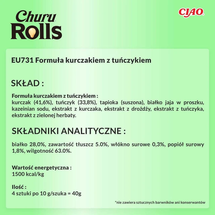 Inaba Churu Rolls Treats Stick with Tuna for Adult Cats 4 x 10 g (IN731 / EU731)