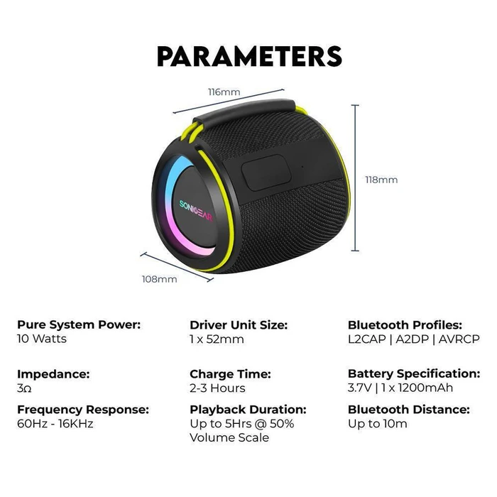 Portable Speaker SonicGear SonicGo Boom 2 Black Bluetooth 5.4 IPX5 Type C