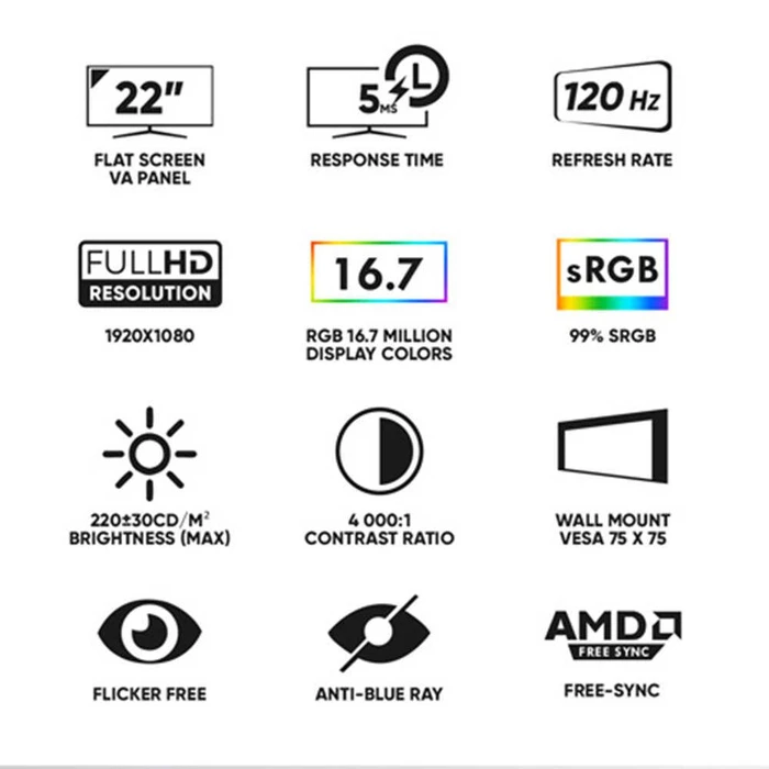 Monitor ARMAGGEDDON PIXXEL PRO Series Super 120 White 22 Inch Gaming Monitor