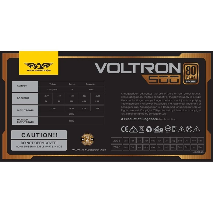 ARMAGGEDDON Power Supply Voltron Bronze 500W 80 Plus Black