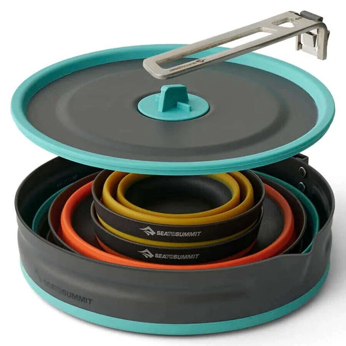 Sea to Summit Camping Pot & Collapsible Dish Set - 0.68 L bowl, 2.2 L pot, 2 bowls, 2 mugs (Orange/Black/Blue/Yellow)