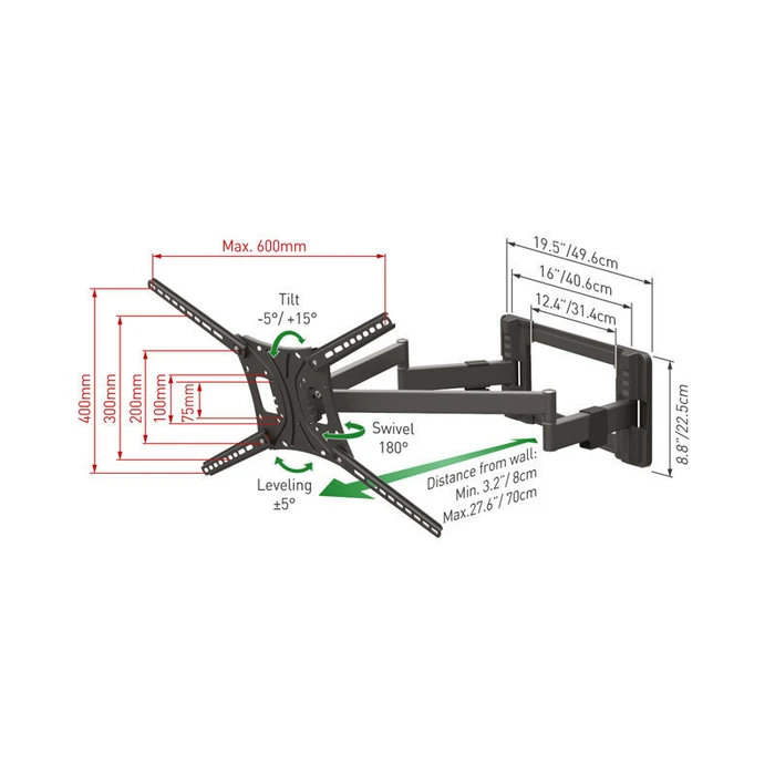 Βάση Τηλεόρασης Τοίχου Barkan BM464L 13" - 90" με Διπλό Βραχίονα και Κλίση