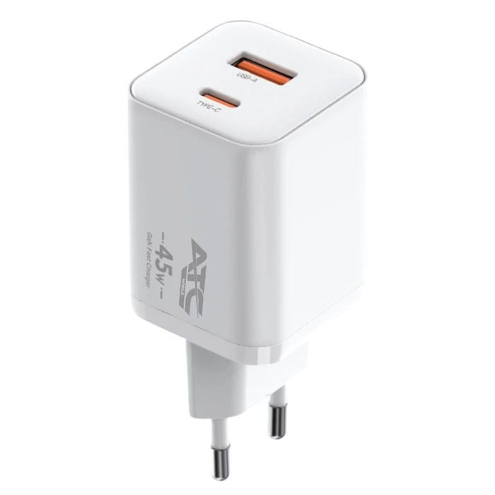 ATC Φορτιστής Χωρίς Καλώδιο GaN με Θύρα USB-A και Θύρα USB-C 45W Power Delivery Λευκός (CHF20)