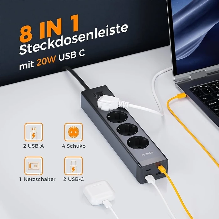 Tessan Πολύπριζο 4 Θέσεων με 2 USB-A, 2 USB-C, Διακόπτη και Καλώδιο 2m TS-PS03DE00