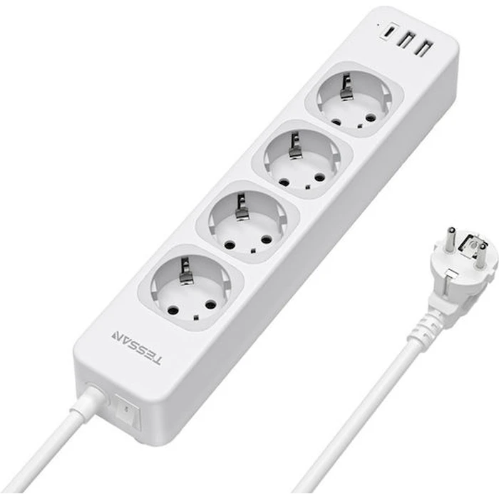 Tessan Smart Power Strip TS-307-C — 4x Schuko, 2x USB-A, 1x USB-C, 2m Cable, White