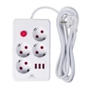 Πολύπριζο Maclean 4-socket cable + 3xUSB, 110-240V AC 50/60Hz, 2.1A max 2500W, 3m, White, MCE393 W