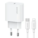 USAMS T65 US-CC226 wall charger USB-C PD 20W Fast Charging + USB-C / Lightning cable 30W white