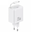 USAMS USB-C Wall Charger + retractable USB-C PD+QC 20W Gan Fast Charging white YC Series