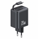 USAMS USB-C Wall Charger + Retractable USB-C Cable PD+QC 20W Gan Fast Charging Black YC Series