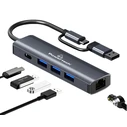 USB Hub Powertech PTR-0150 με Θύρα Δικτύου, 4 Θυρών, USB & USB-C, Γκρι
