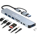 USB Hub Powertech PTR-0151 με Card Reader, 8 Θυρών, USB & USB-C, Γκρι