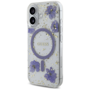 Case Guess Resin Flowers Glitter MagSafe for Apple iPhone 16 purple