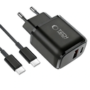 Tech-Protect NCA45W-GAN USB-A, USB-C Network Charger PD 45W / QC3.0 + USB-C Cable Black