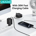 USAMS Wall Charger CC241 with Foldable USB-C Cable, 30W, GaN, White