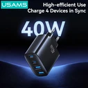 Usams Φορτιστής Χωρίς Καλώδιο με 2 Θύρες USB-A και 2 Θύρες USB-C 40W Power Delivery Μαύρος (T70)