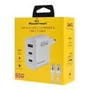 Φορτιστής Πρίζας Powertech PT-1378 με Καλώδιο, USB/2x USB-C, 65W, GaN, λευκός