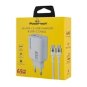 Φορτιστής Τοίχου Powertech Pt-1415 με Καλώδιο, Usb/2X USB-C, 65W, Gan, Λευκός