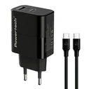 POWERTECH PT-1638 GaN 30W Wall Charger with USB-A & USB-C and 1m USB-C Cable, Black